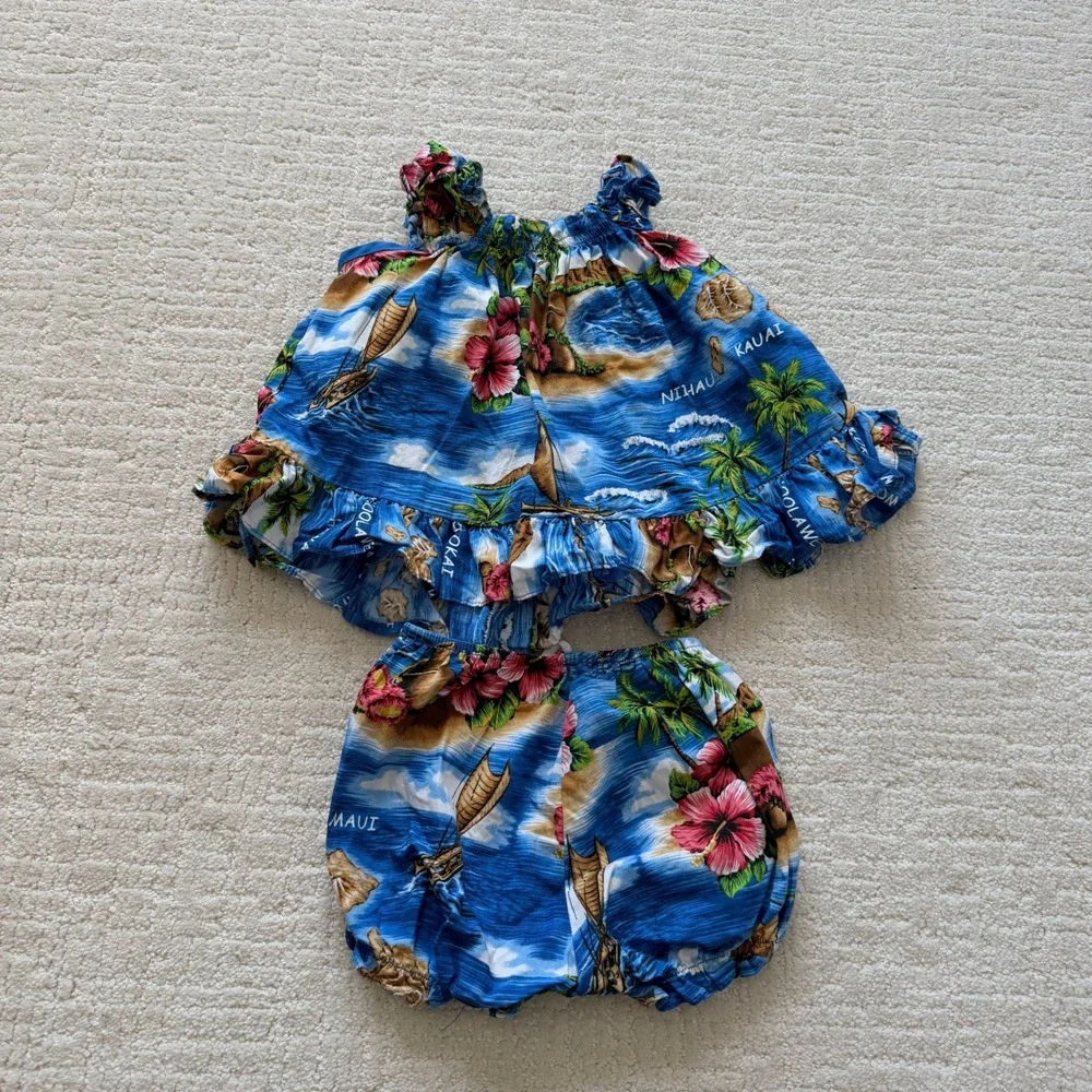 Hawaii Station Kids Blue Hibiscus Island Map Top and Bloomer Set 18M Made in USA